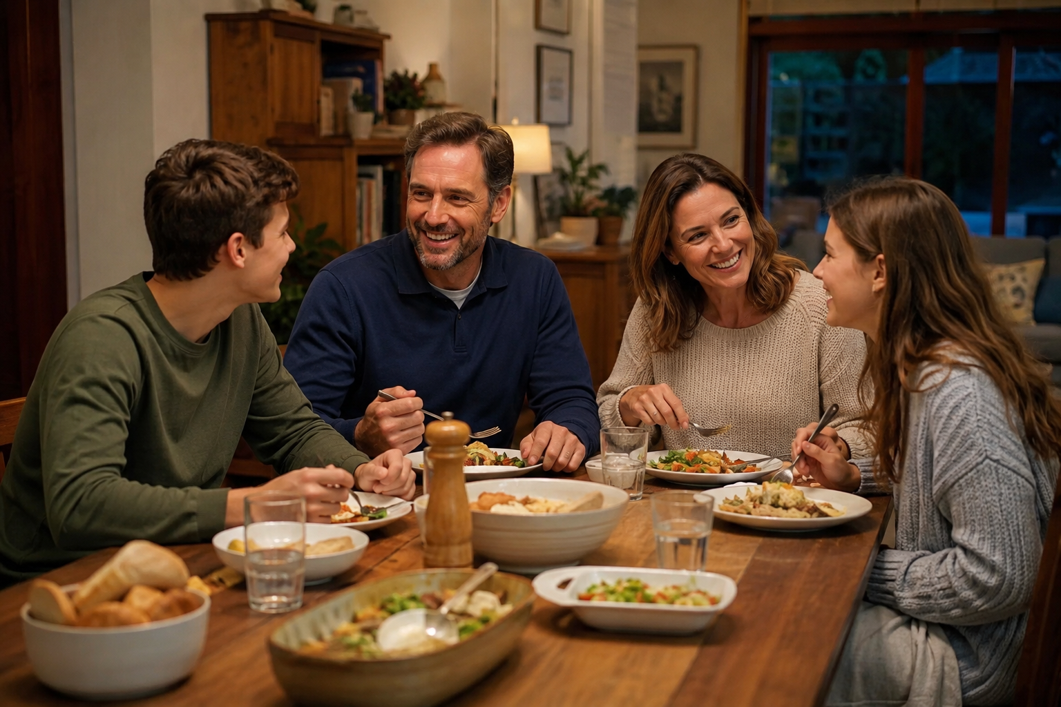 Family gathering around dinner table